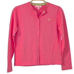Lilly Pulitzer Girls Pink Cardigan Sweater Size 14 Palm Tree Logo Button Front